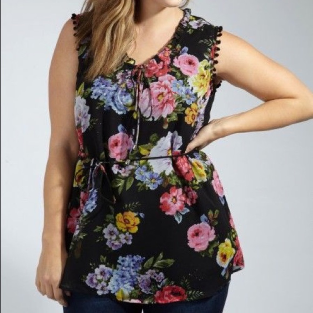 Koko Women’s Black Floral Pom Pom Trim Tied Blouse